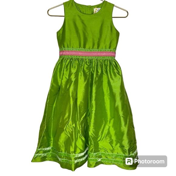 Lilly Pulitzer Dress Vintage Sleeveless Silk Fit Flare Green Pink Girls Size 10 - Picture 1 of 8